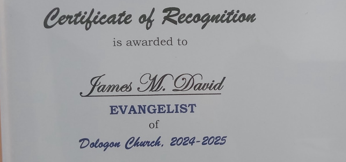 Certificate recognizing James M. David for field ministry service as an evangelist